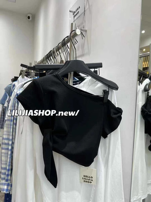 MH家 2025夏新款韩版时尚百搭设计感显瘦斜肩露肩绑带短袖T恤女