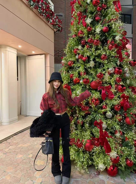 MH家 2025冬新款韩版宽松显瘦百搭格子外套女短款加绒加厚衬衫