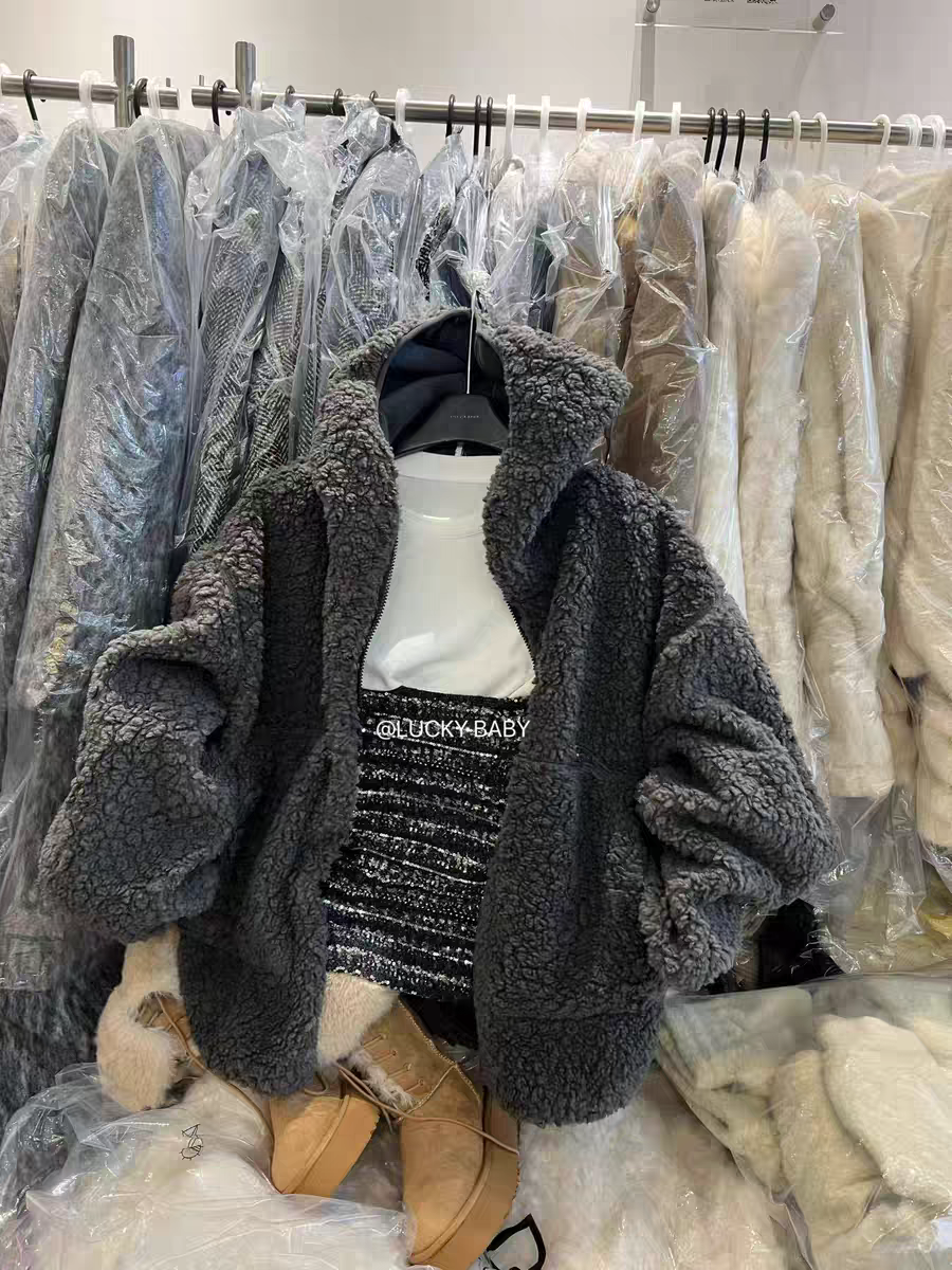 MH家 2025冬季韩版宽松休闲百搭连帽羊羔毛拉链开衫加绒厚外套