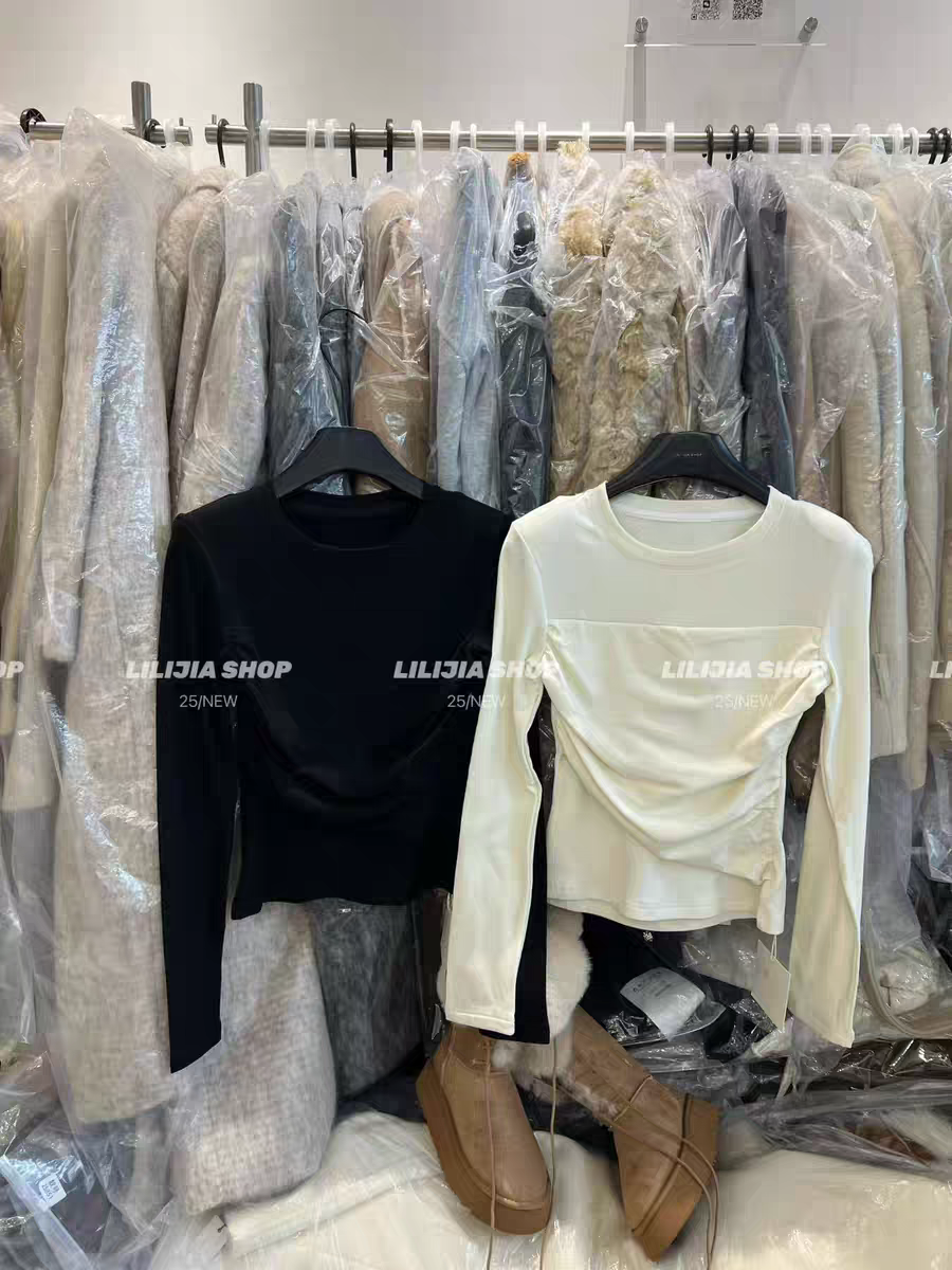 MH家 米杏色圆领正肩针织上衣女外穿修身显瘦加绒长袖打底衫