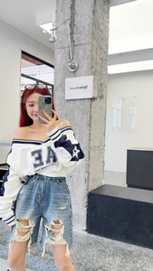 MH家 印花拼接v领卫衣女春秋美式复古设计感小众宽松休闲运动上衣