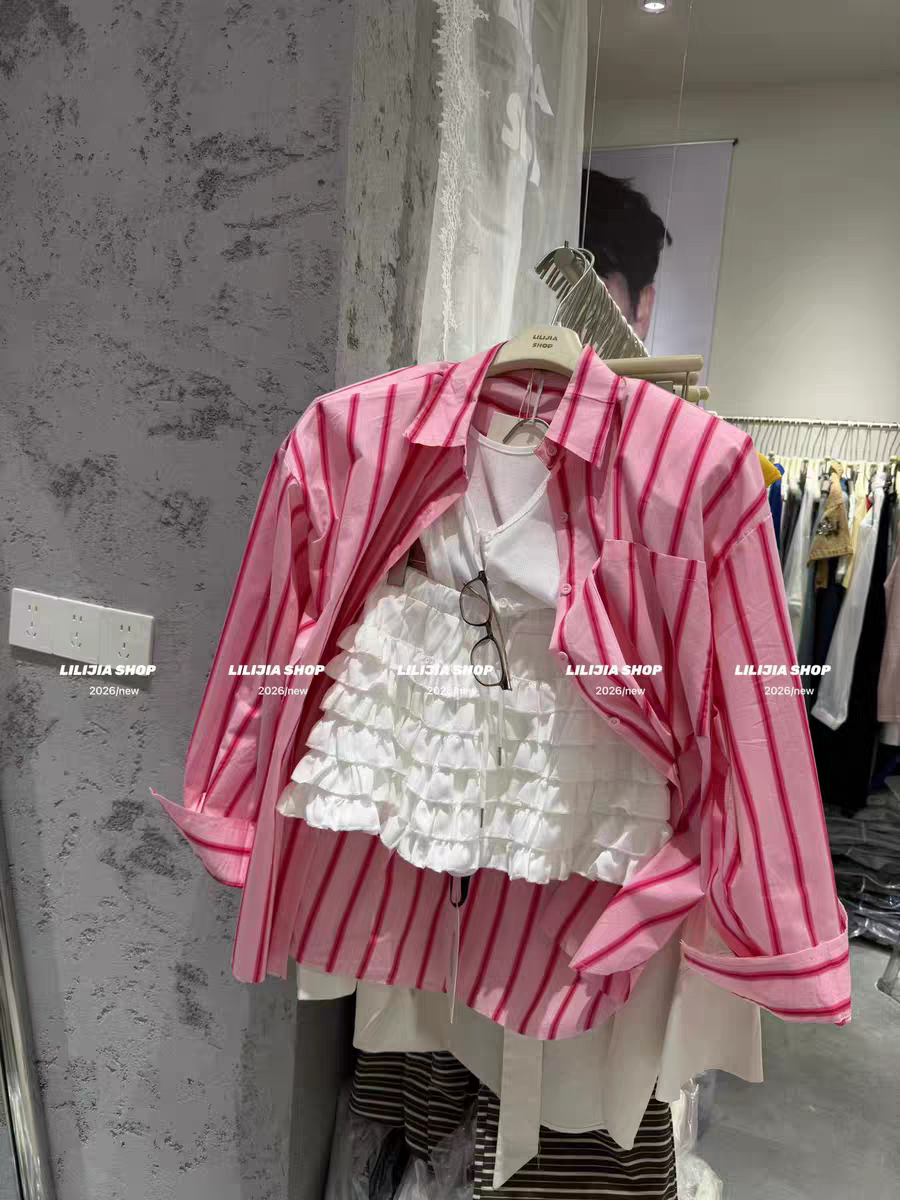 MH家 2026春季新款韩版时尚百搭宽松显瘦粉色条纹印花长袖衬衫