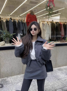 MH家 秋冬新品小个子深灰色羽绒棉外套+短裙两件套套装女