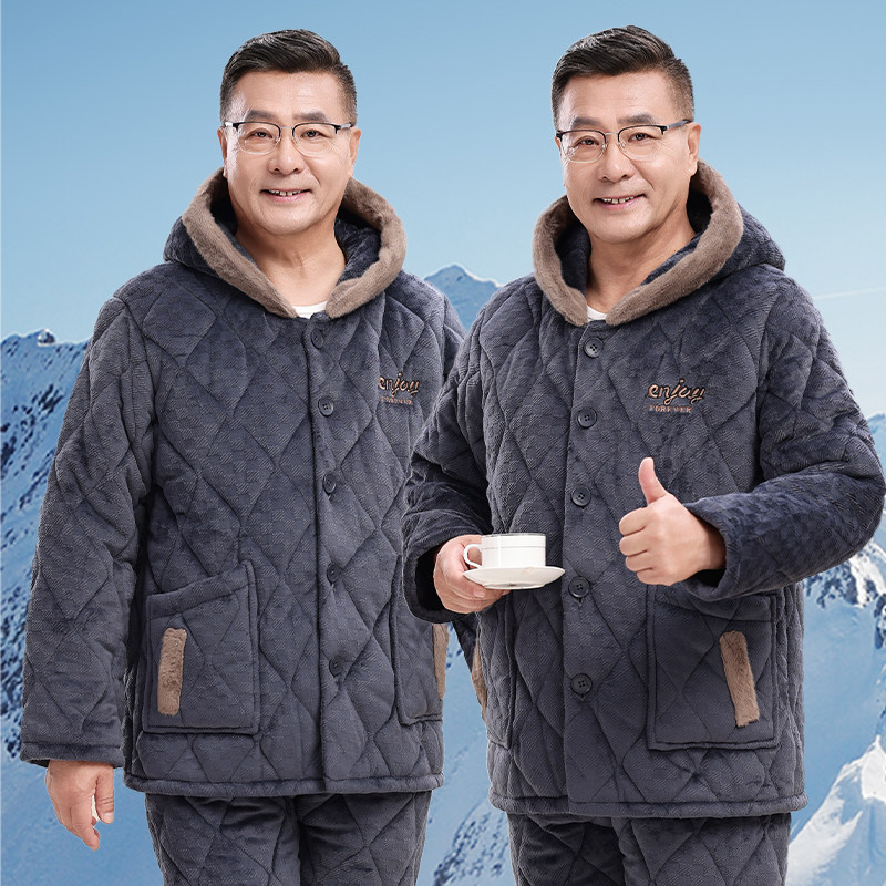冬季加厚中老年爸爸中长款套装棉袄家居服睡衣男珊瑚绒夹棉