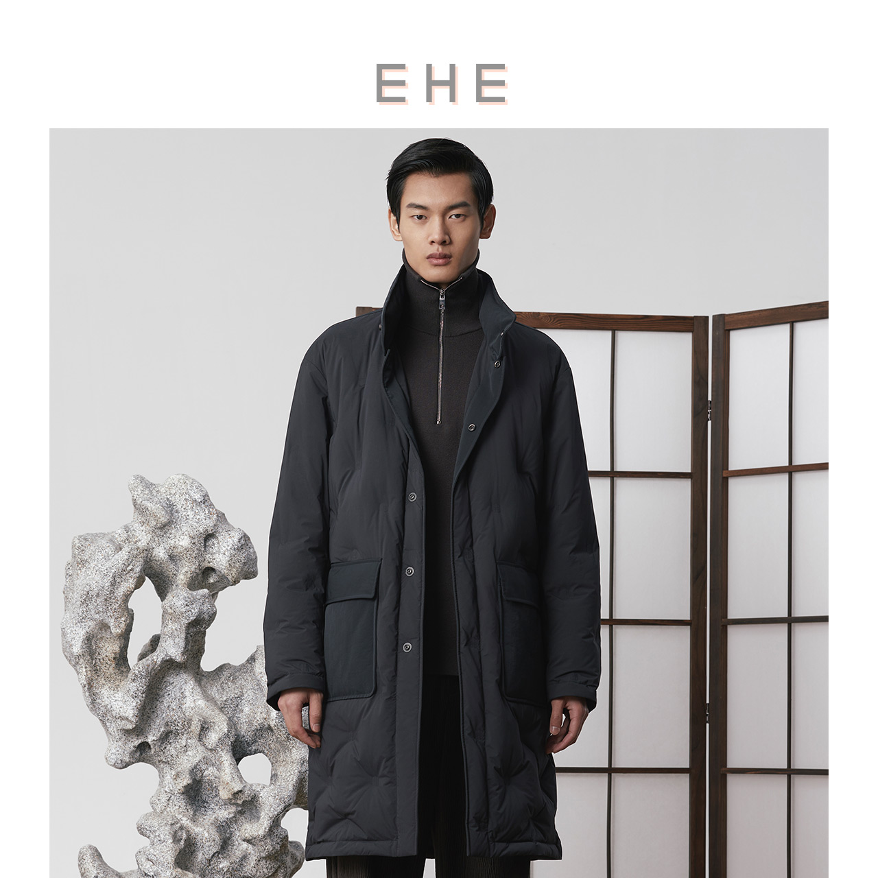 EHE男装 秋季新款90%鹅绒双层直充防钻绒立领风衣羽绒服男