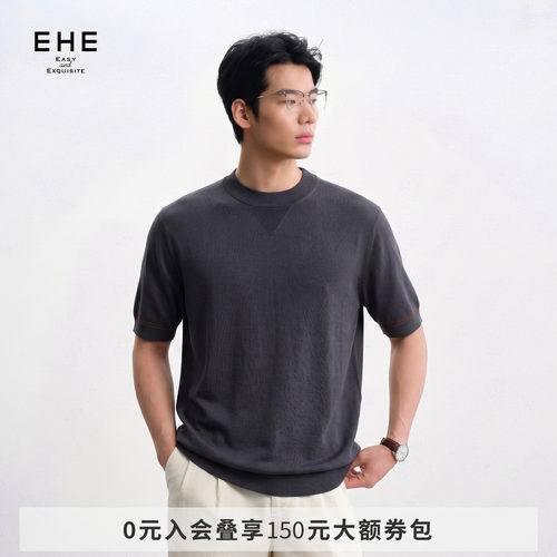 EHE男装老钱风复古绵羊毛桑蚕丝莱赛尔圆领短袖毛T恤男2026夏新款