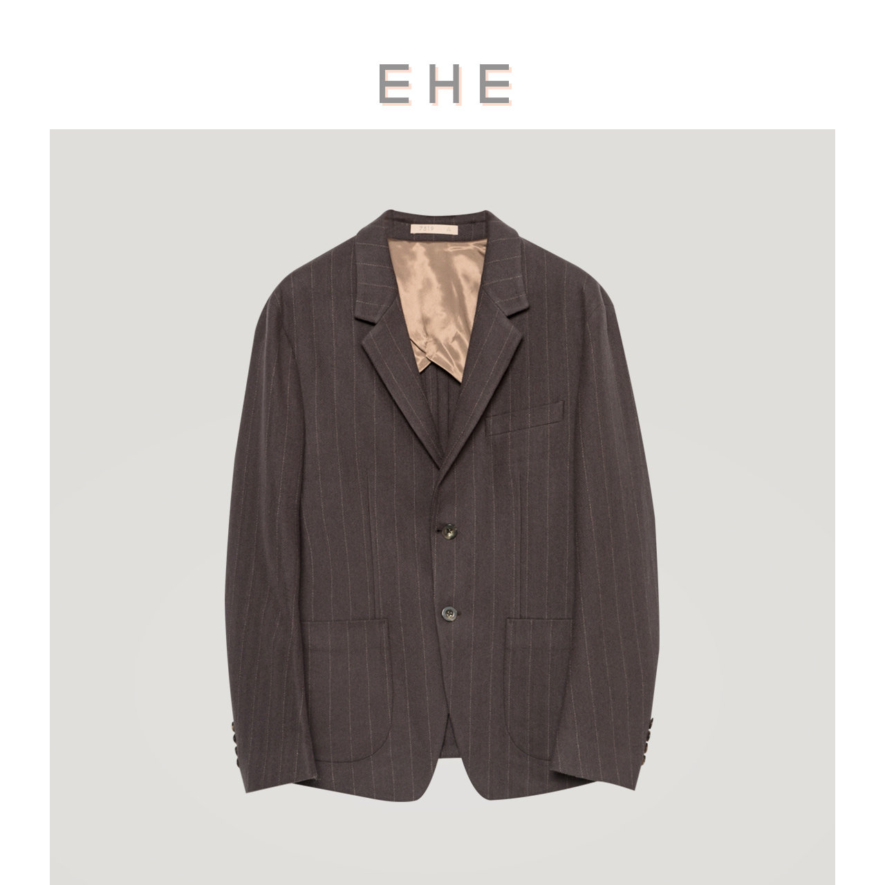 EHE男装 春夏新款咖啡色原创设计条纹轻商务绵羊毛针织西服男