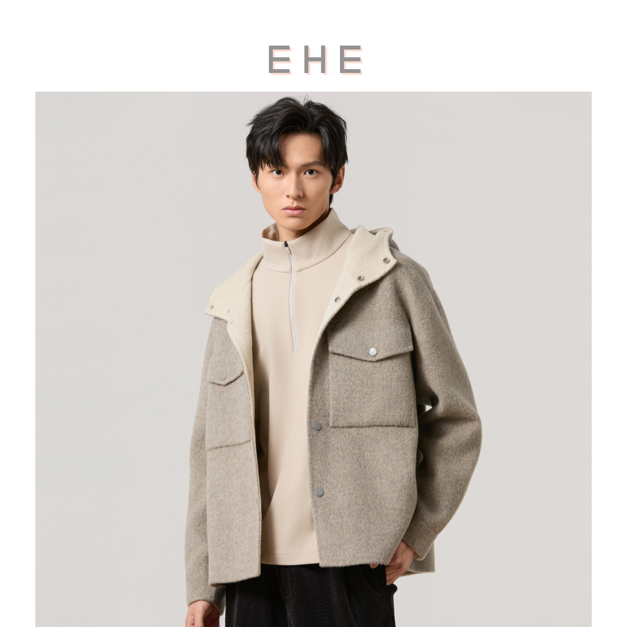 EHE男装时尚通勤连帽毛呢夹克男