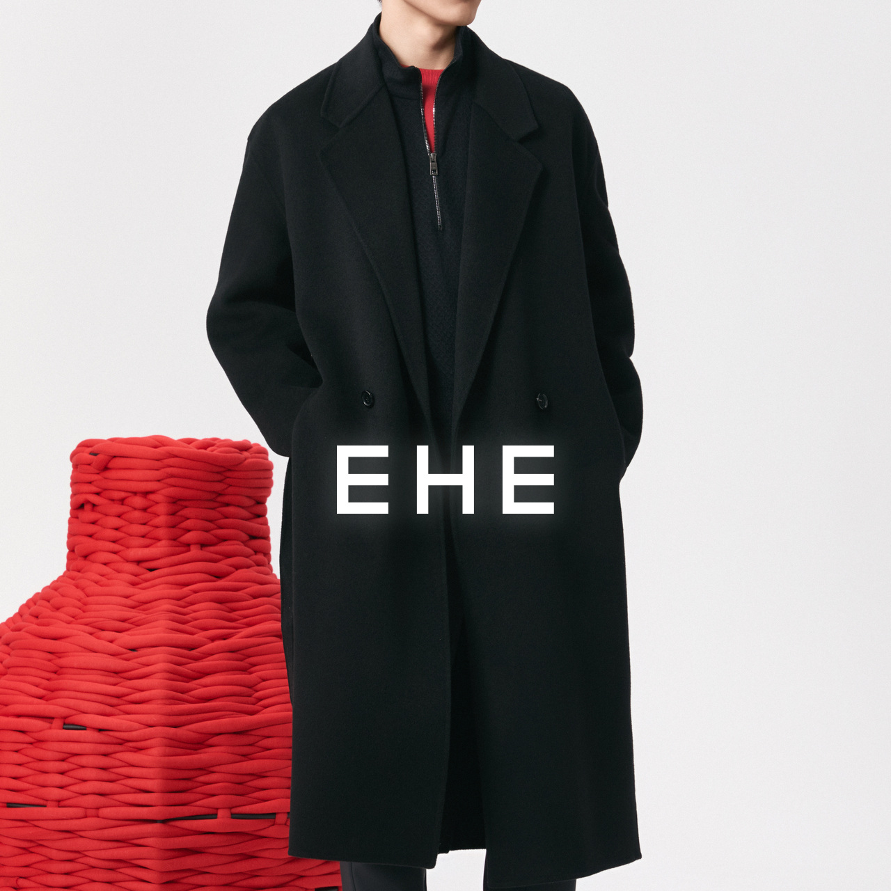 EHE男装绵羊毛山羊绒黄金绒双排扣翻领长毛呢大衣男2025秋冬新款