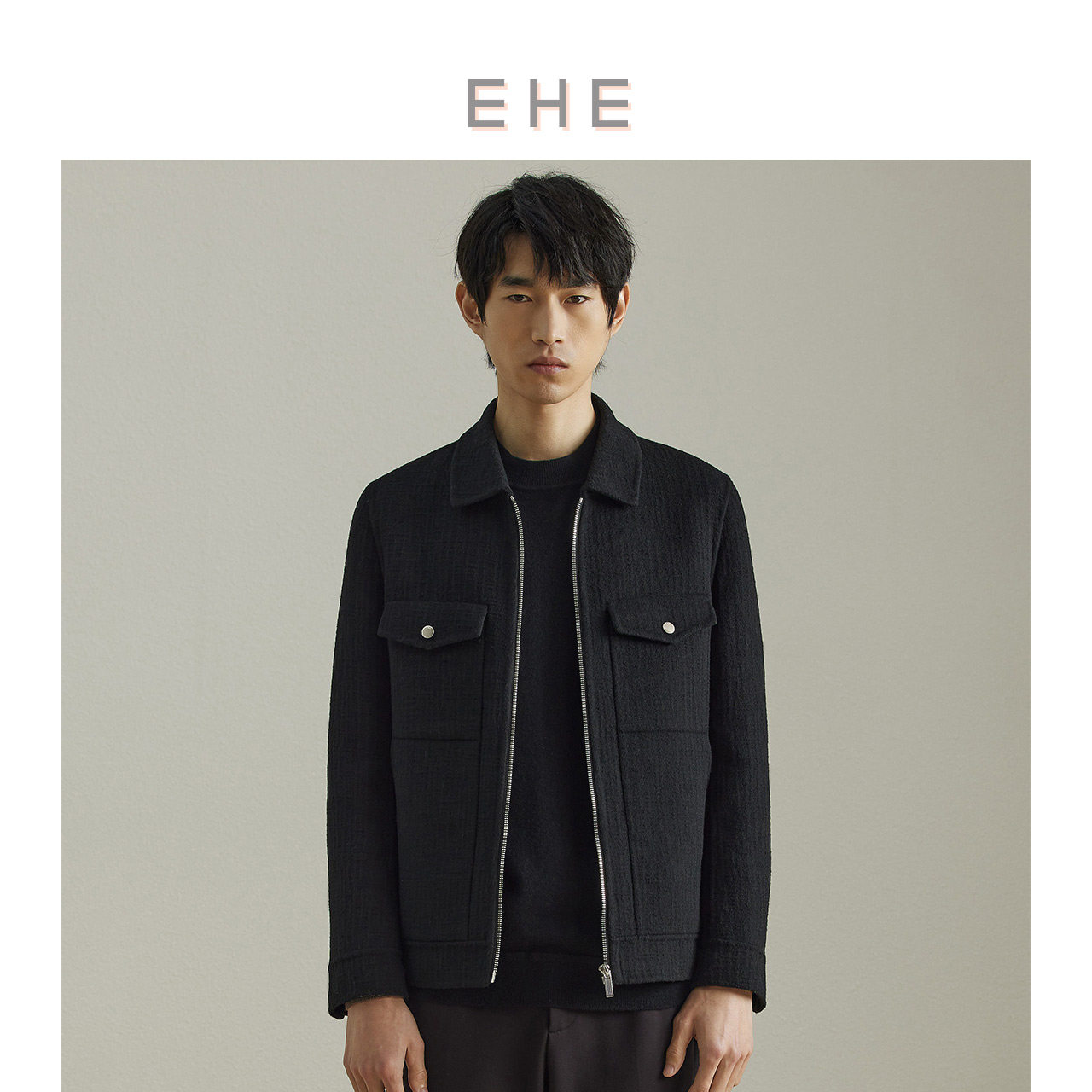 EHE男装 冬季新款黑色暗纹肌理时尚保暖绵羊毛休闲夹克男外套,男装,夹克,淘宝优惠券,粉丝福利购,淘宝优惠卷