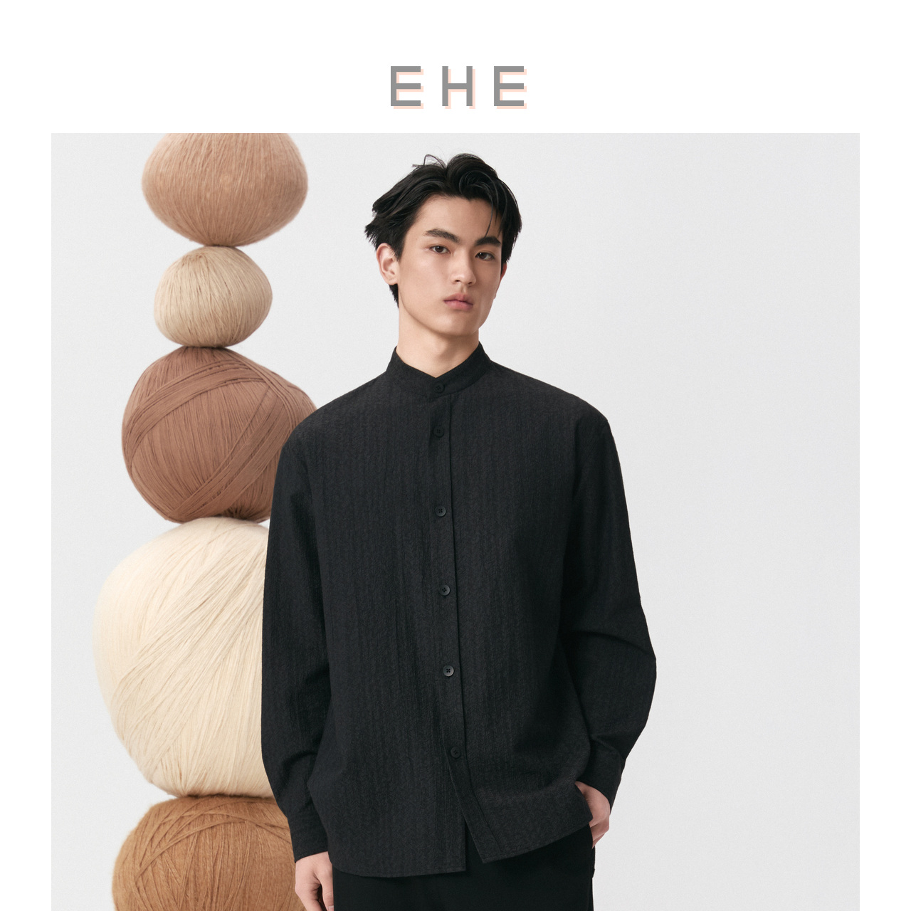 EHE男装经典天丝棉麻提花设计长袖立领衬衫式外套男2025秋季新款