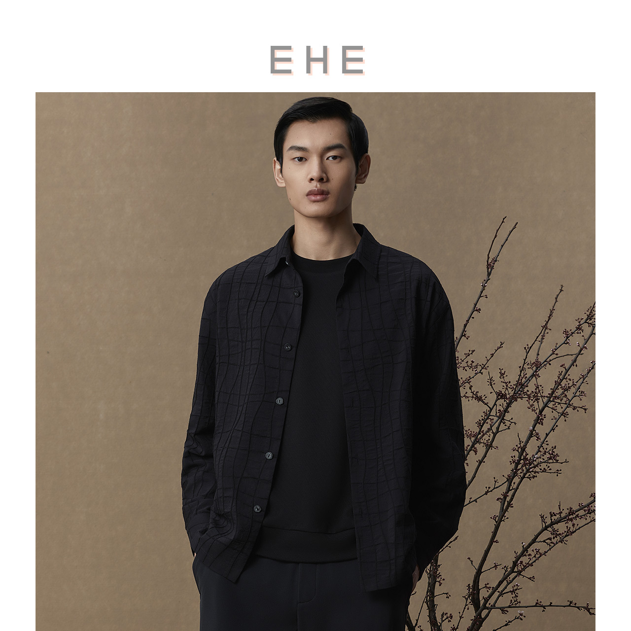 EHE男装 秋季新款羊毛大提花牛角扣薄款休闲通勤衬衫式外套男