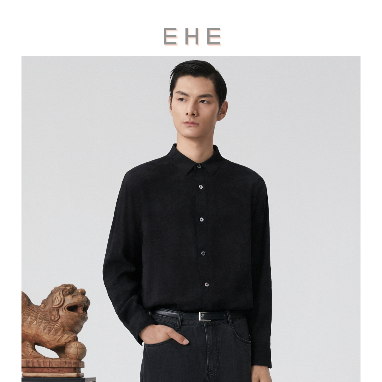 EHE男装国风提花艺术肌理感优雅百搭长袖翻领衬衫男2025春季新款