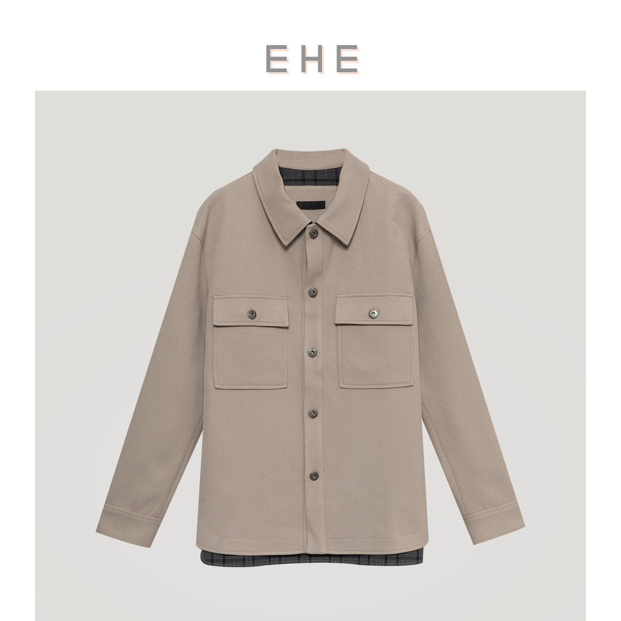 ehe男装秋季新款米色翻领衬衫