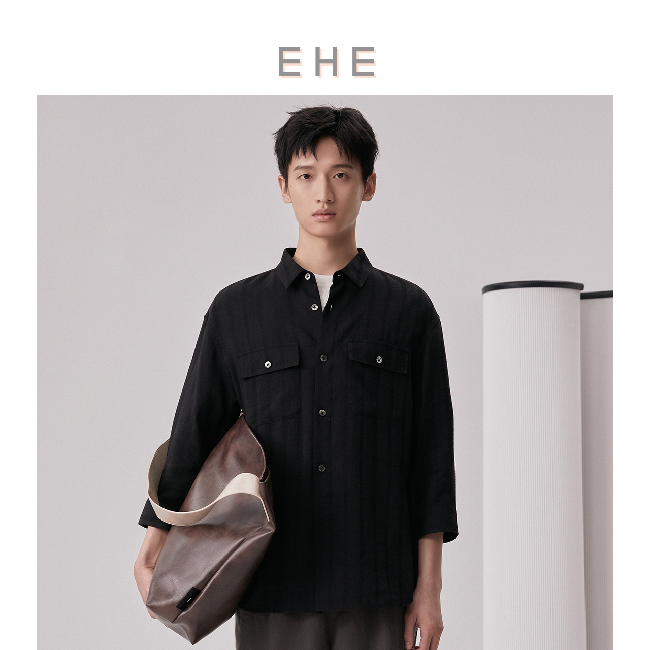 EHE男装七分袖宽松休闲衬衫男