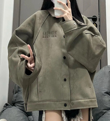 美式复古工装外套女2025新款鹿皮绒秋冬季气质高级感夹克胖MM上衣