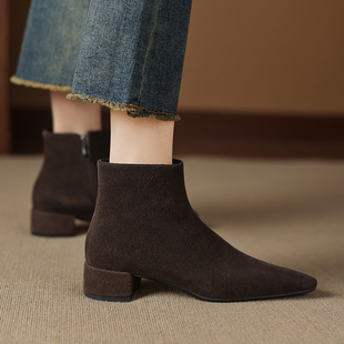 韩版 磨砂皮短靴女中跟粗跟尖头裸靴春秋单靴冬季 加绒黑色棕色大码