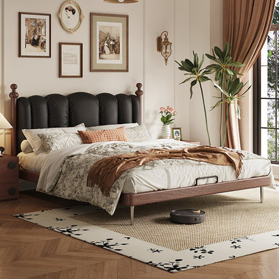 法式复古风软包油蜡皮卧室实木床