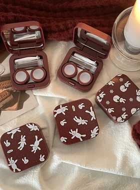 ins小众设计感酒红美瞳盒便携隐形眼镜盒护理盒带镜子伴侣盒as807