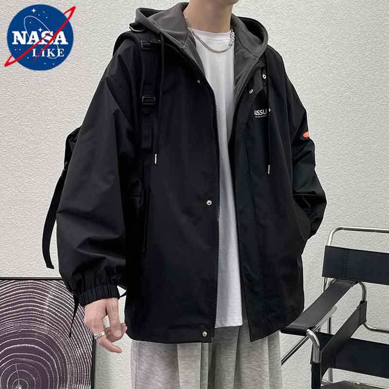 NASA联名假两件休闲外套男士春秋冬加厚棉服大码学生工装夹克潮牌