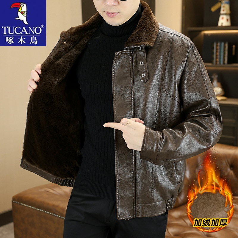 啄木鸟冬季男士毛领加绒皮衣