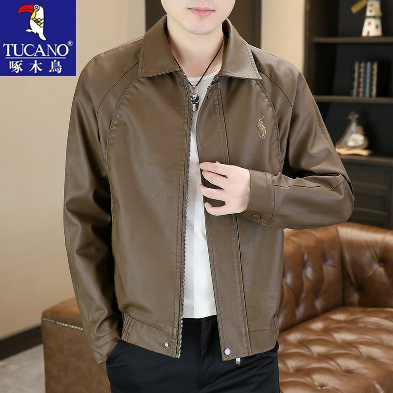 啄木鸟翻领皮衣男高档PU皮外套春秋季青年韩版潮流拼接款工装夹克