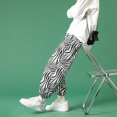 春夏新款港風中性風大碼寬鬆休閒褲束腳褲條紋學生褲