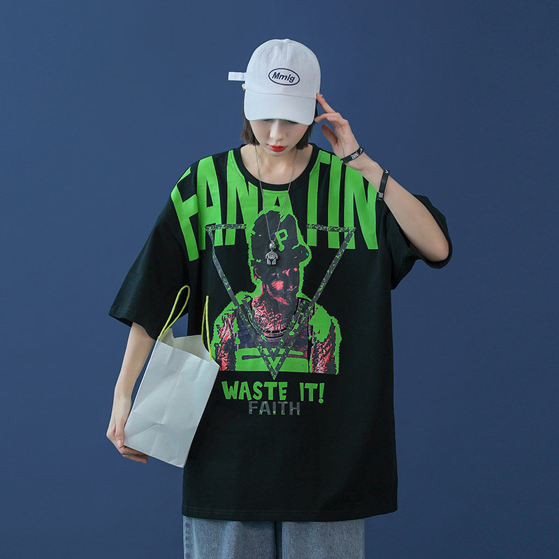 Large size neutral short sleeve cartoon printing summer T-shirt tide brand high quality pure cotton