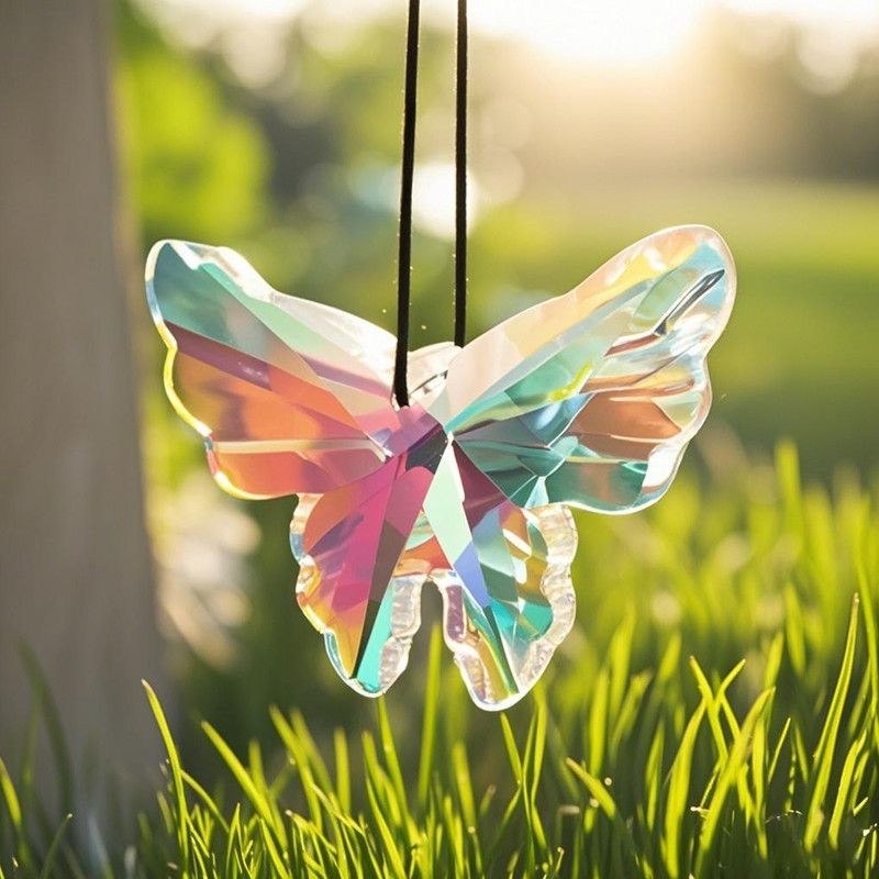太阳捕手透明炫彩蝴蝶玻璃水晶棱镜吊坠灯饰挂件花园庭院悬挂装饰