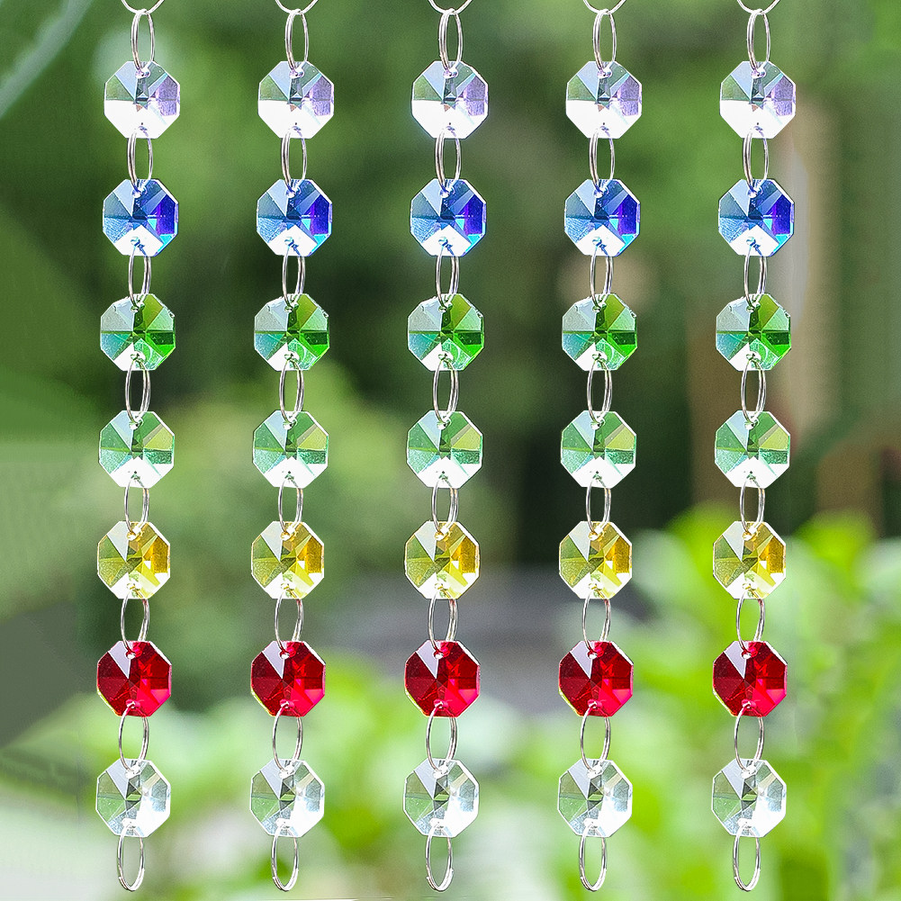 7色彩虹玻璃水晶八角珠链条珠帘门帘酒店婚庆灯饰配件风铃吊灯