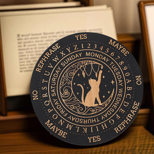 新款15cm黑色圆形环保木板摆板激光雕刻创意图案月亮猫咪木垫摆件
