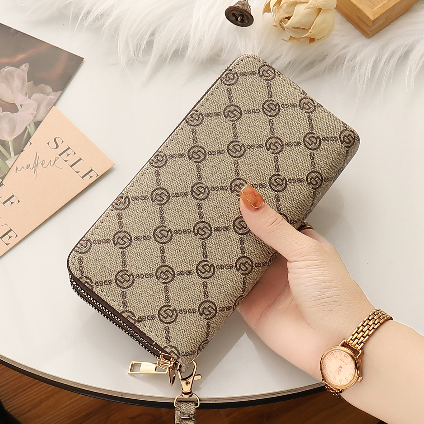 女士长款双拉链手拿包零钱包腕包