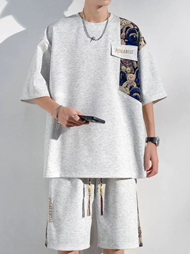 Летний комплект для отдыха, шорты, штаны, китайский стиль, оверсайз, большой размер, короткий рукав, с медвежатами