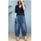 子潮 女复古休闲宽松九分松紧腰阔腿裤 大码 春秋立体口袋牛仔灯笼裤