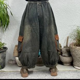 秋冬款牛仔垮裤女松紧腰民族风个性拼色四个大口袋做旧复古九分裤