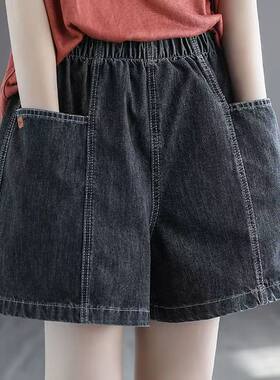 韩版夏季牛仔短裤女大口袋宽松显瘦减龄百搭阔腿薄款松紧腰短裤女