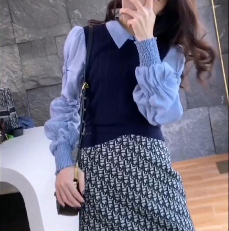 AUTUMN DRESS TEMPERAMENT GODDESS FAN SWEATER SHIRT SKIRT NET RED FOREIGN THREE-PIECE SET SMALL MAN A TALL SUIT WOMEN
