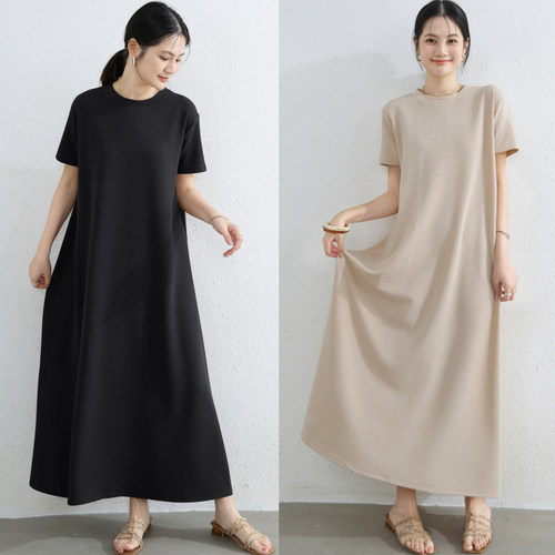 春夏季日系薄款短袖长裙宽松圆领A字连衣裙纯色显瘦外穿女裙大码