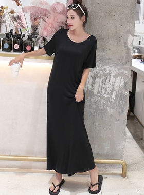 春夏韩版薄款短袖莫代尔长裙黑色女宽松连衣裙外穿过膝打底裙大码
