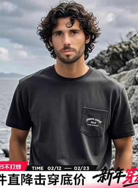 AK男装夏季新款复古口袋印花圆领短袖小落肩袖宽松T恤男透气纯棉