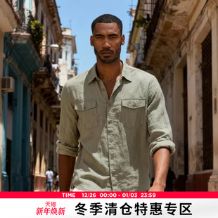 秋季 衬衫 新款 棉麻贴袋翻领长袖 复古自由古巴系列简约合体版 AK男装