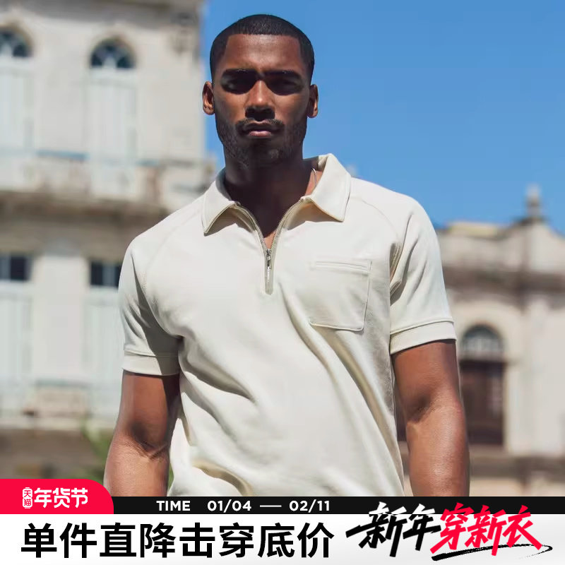 AK男装夏季新款自由古巴复古口袋翻领插肩袖拉链套头短袖POLO男