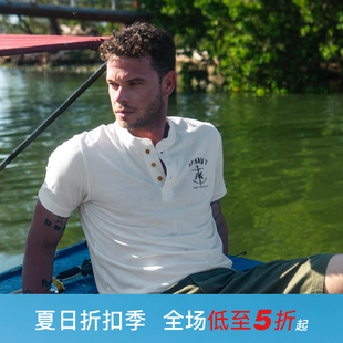 T恤男 AK男装 夏季 新款 NAVY复古亨利领棉质干爽亲肤海锚印花短袖