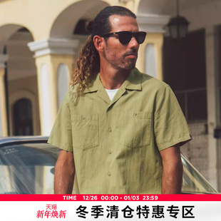 夏季 衬衫 新款 饰贴袋翻领短袖 男 自由古巴麻棉复古旗唛装 AK男装