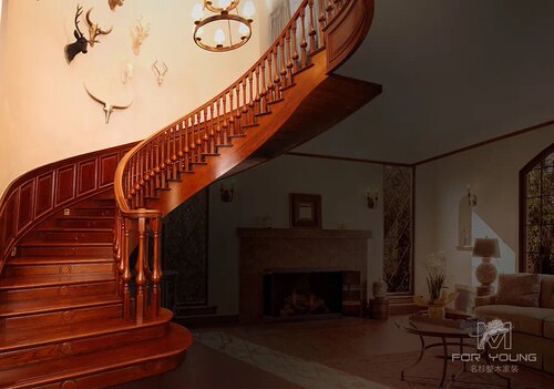 昆明橡胶木榉木红橡木实木整体别墅洋房旋转楼梯阁楼护栏整木楼梯