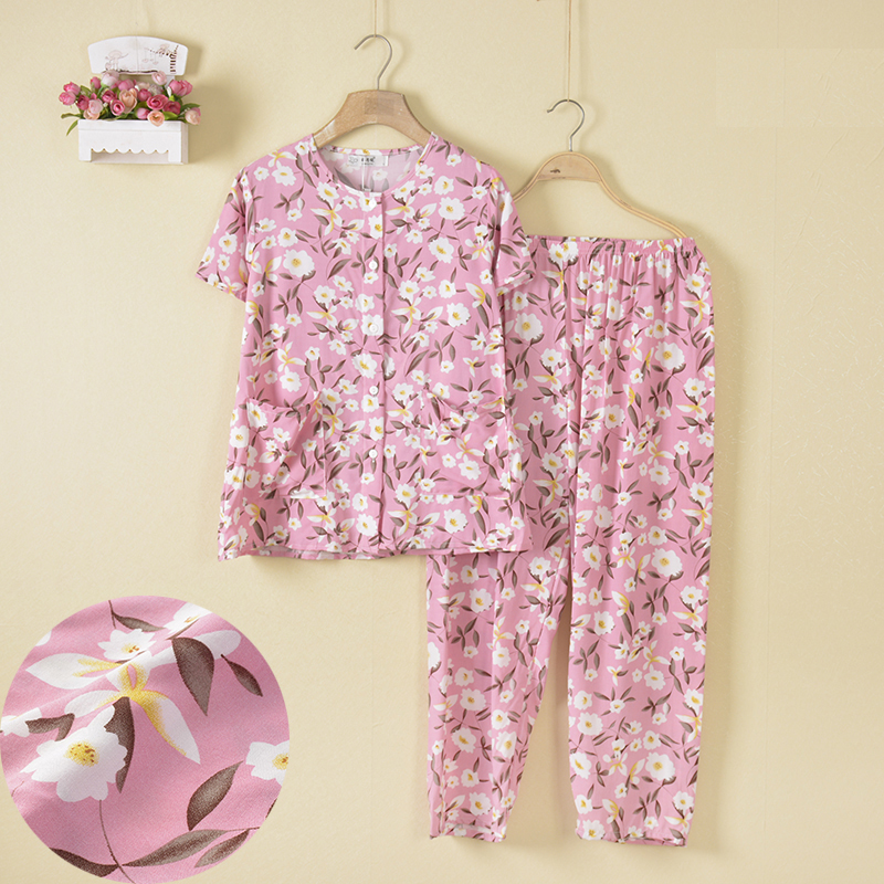 女中老年妈妈圆领开衫棉绸薄款睡衣人造棉短袖长裤家居服简约休闲