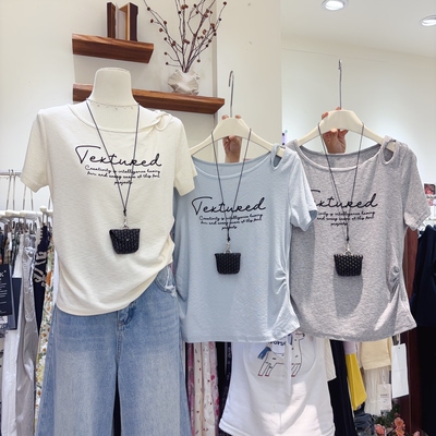 夏季新款时尚大圆领字母印花短袖T恤女宽松显瘦弹力棉上衣