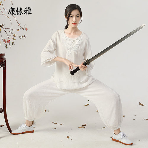 秋冬太极服亚麻白色新款套装