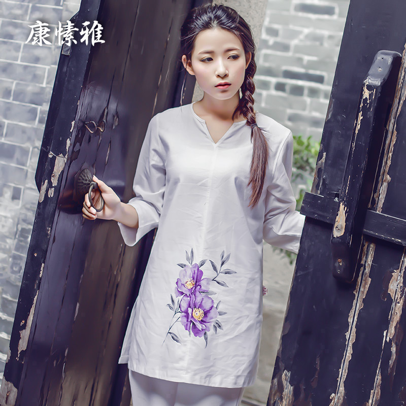 康愫雅棉麻瑜伽服套装女夏文艺印花禅意养生禅修茶服中国风居士服
