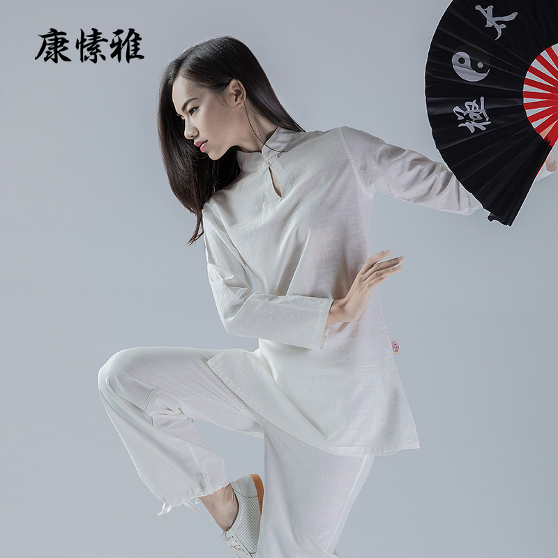 康愫雅亚麻太极服女套装夏款绿色女式太极练功服棉麻太极拳服装夏